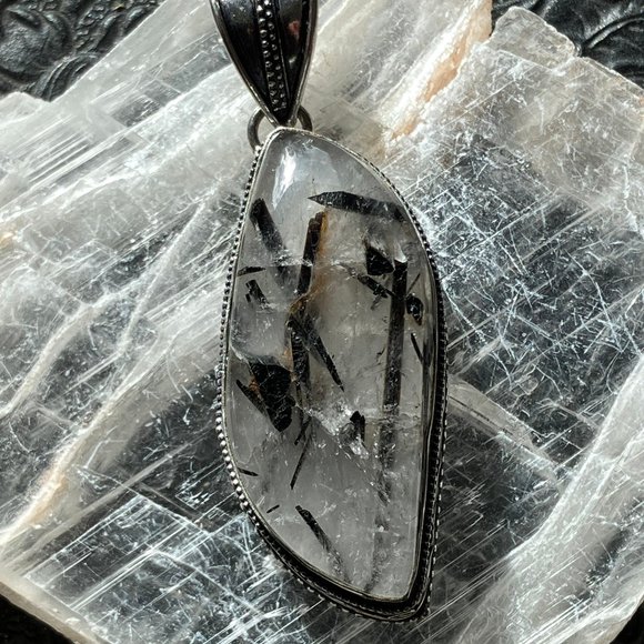 Tourmalinated Quartz Crystal Stone Jewelry Pendant - Picture 3 of 8